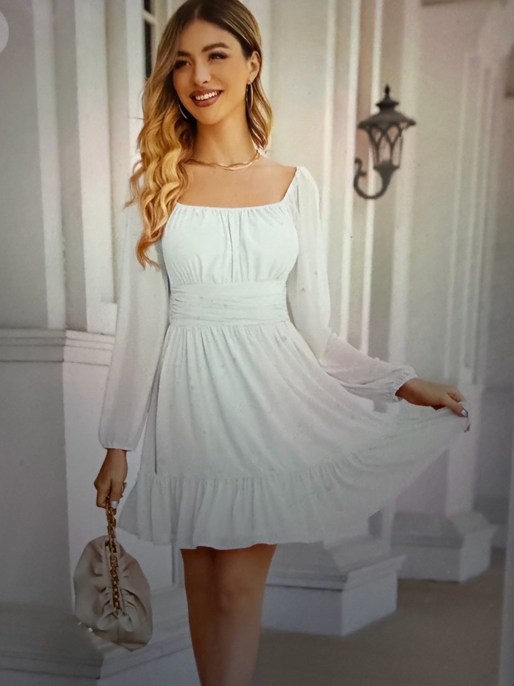 Elegant White Square-Neck Long-Sleeve Mini Dress - NWT - Size L